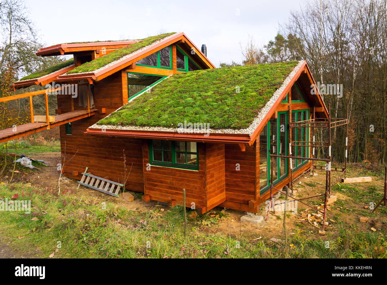 Green living sod roof with grass on wooden building Stock Photo - Alamy