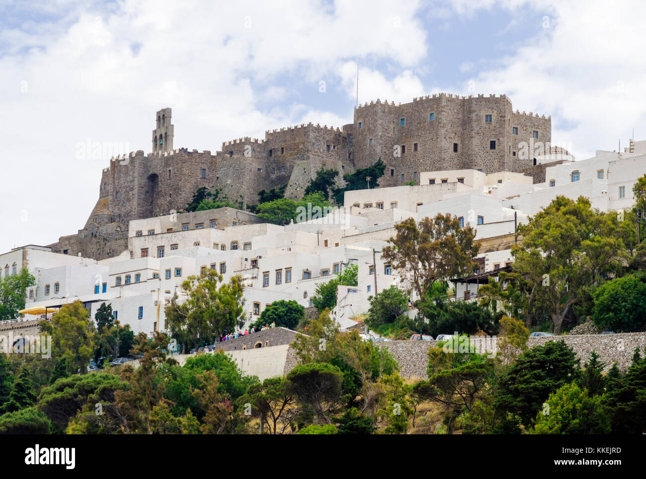 The castle like Monastery of St John the Theologian, Chora, Patmos Island, Dodecanese, Greece Stock Photo