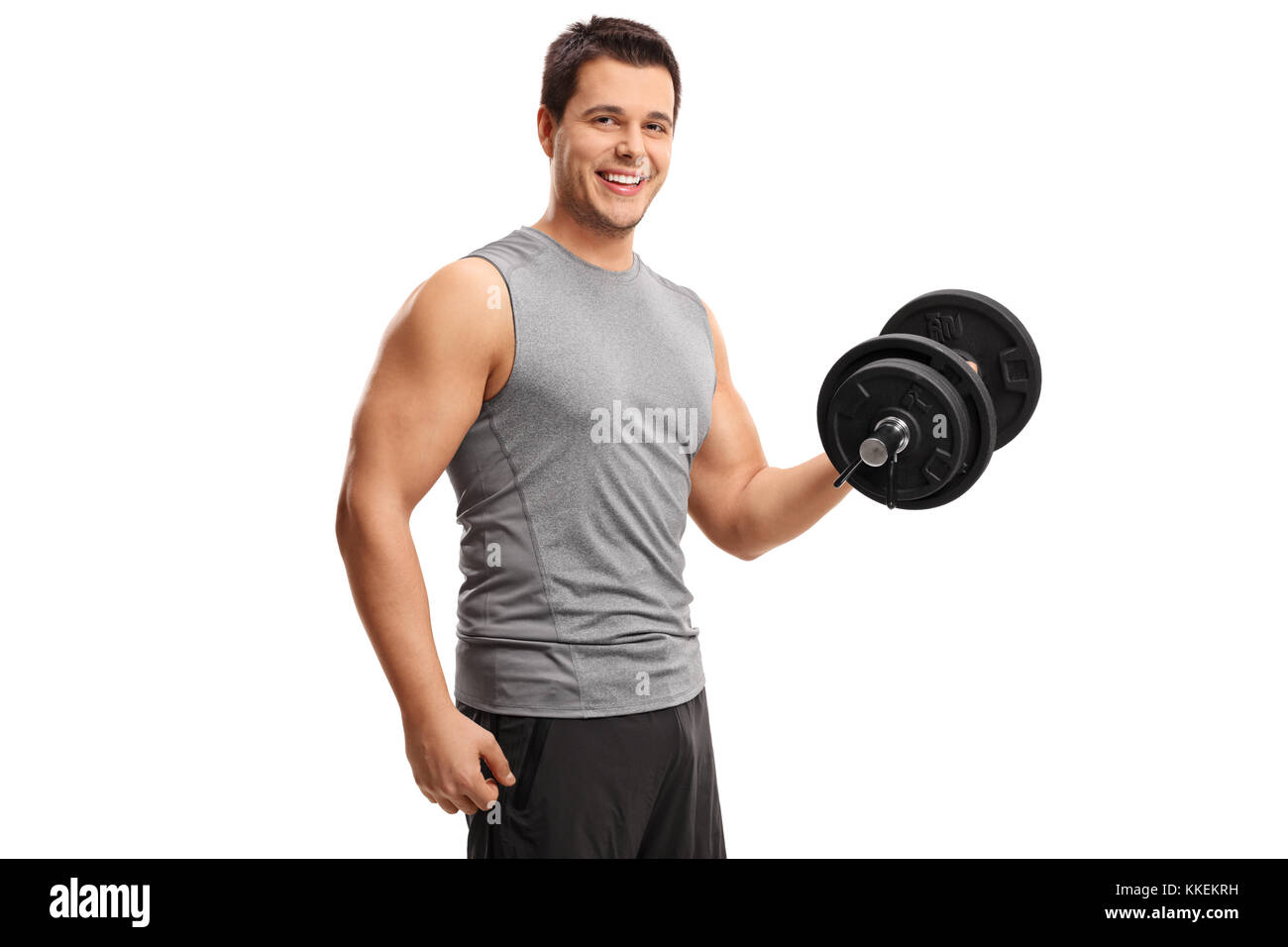 Man holding a dumbbell isolated on white background Stock Photo
