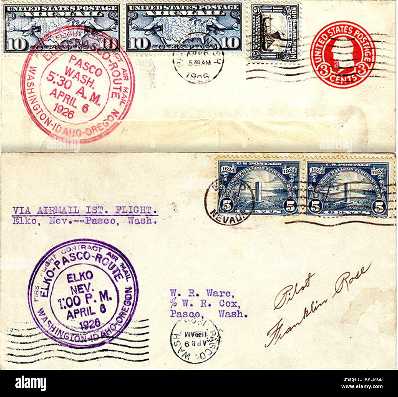 A collection of first flight covers for the CAM-5 airline route, which began in 1926. These covers are historical artifacts commemorating the early days of airmail services in the United States. Stock Photo