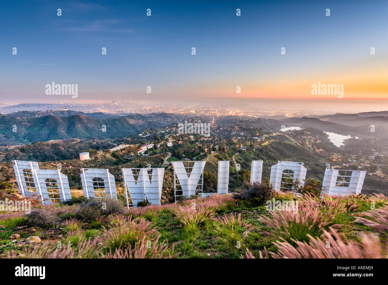 LOS ANGELES, CALIFORNIA - FEBRUARY 29, 2016: The Hollywood sign overlooking Los Angeles. The iconic sign was originally created in 1923. Stock Photo