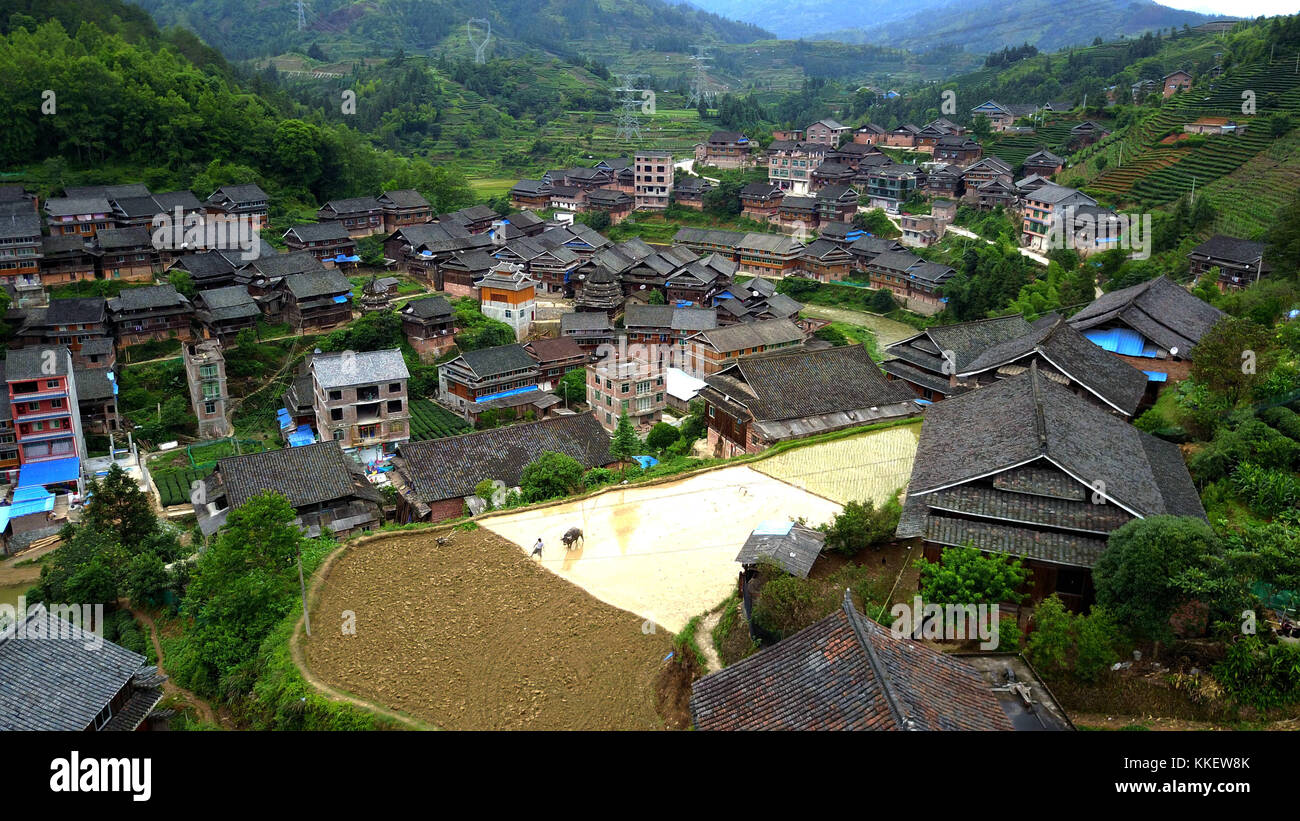 Nanning. 7th June, 2017. Aerial photo taken on June 7, 2017 shows the scenery of Baxie Village of Dudong Township in Sanjiang Dong Autonomous County, south China's Guangxi Zhuang Autonomous Region. Credit: Zhang Ailin/Xinhua/Alamy Live News Stock Photo