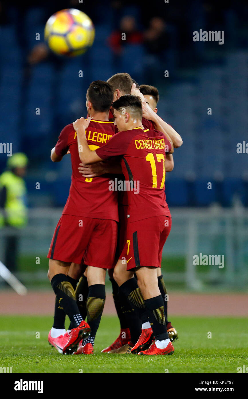Olympic Stadium, ROME, Italy. 01st Dec, 2017. Edin Dzeko (C) of Roma celebrates with teammates after scoring during their Italian Serie A soccer match against Spal. Credit: Giampiero Sposito/Alamy Live News Stock Photo