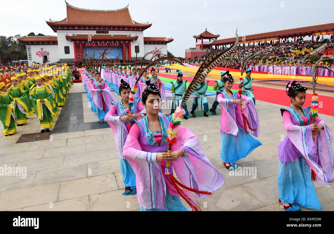 Putian, China. 2nd Dec, 2017. Actors perform during a grand praying ...