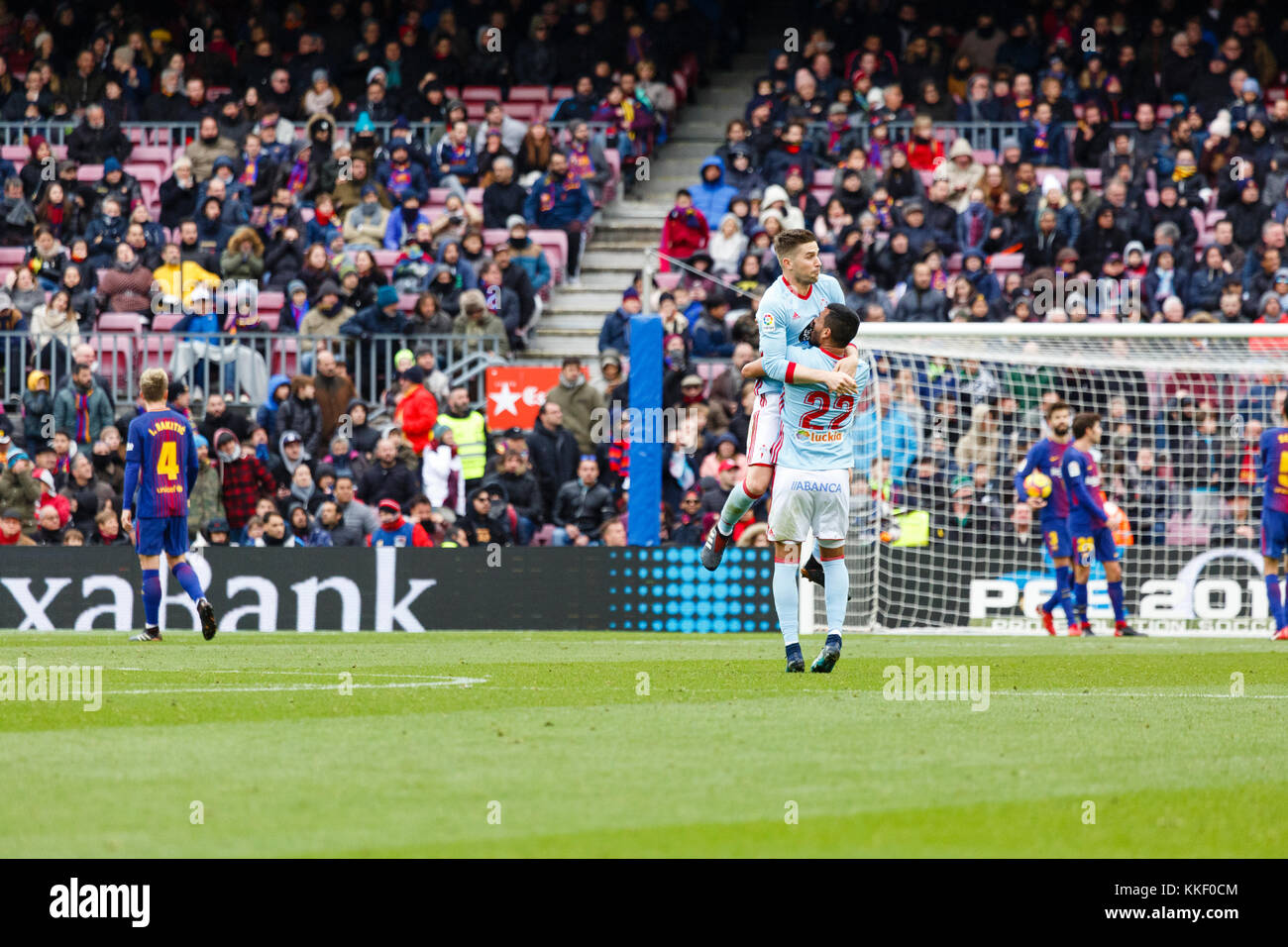 Barcelona, Spain. 02nd Dec, 2017. (03) Fontàs and (22) G.Cabral celebrating the draw goal during the match of the La Liga between FC Barcelona and RC Celta at Camp Nou. The match ended in a draw 2-2. Credit: Joan Gosa Badia/Alamy Live News Stock Photo