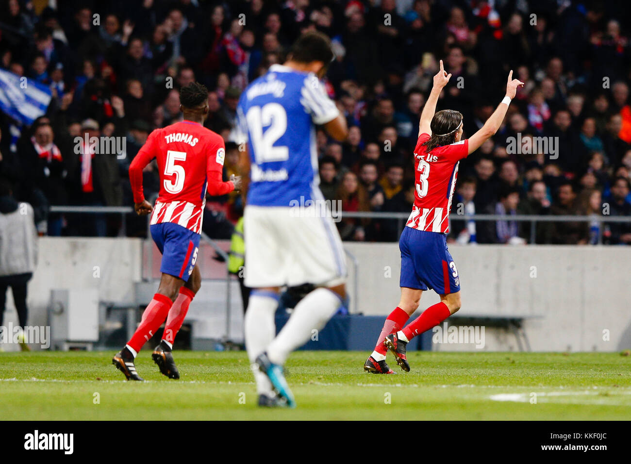 Madrid, Spain. 2nd Dec, 2017. Filipe Luis Kasmirski (3) Atletico de Madrid's player celebrates the (1, 1) after scoring his team´s goal. La Liga between Atletico de Madrid vs Real Sociedad at the Wanda Metropolitano stadium in Madrid, Spain, December 2, 2017 . Credit: Gtres Información más Comuniación on line, S.L./Alamy Live News Stock Photo