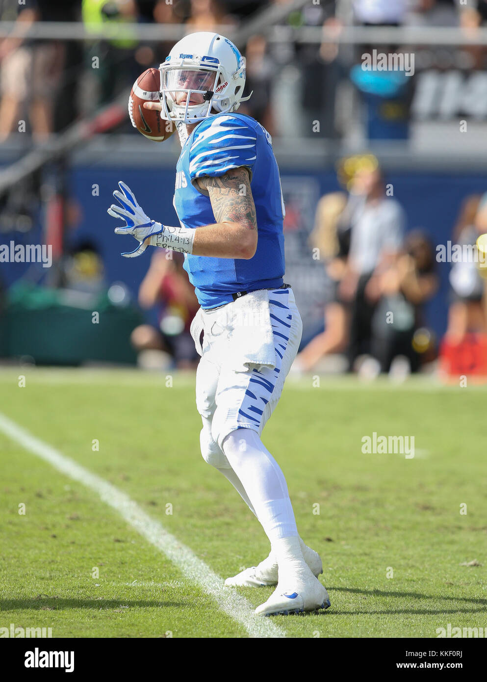Orlando, FL, USA. 2nd Dec, 2017. Memphis QB Riley Ferguson #4 about to throw a pass during the AAC Championship football game between the UCF Knights and the Memphis Tigers at the Spectrum Stadium in Orlando, FL. Kyle Okita/CSM/Alamy Live News Stock Photo