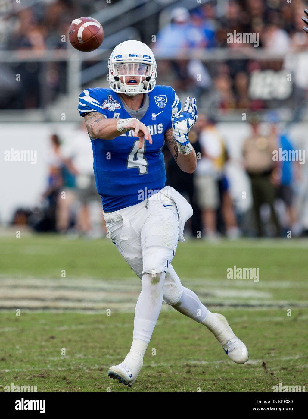 Orlando, FL, USA. 2nd Dec, 2017. Memphis QB Riley Ferguson #4 throws a pass during the AAC Championship football game between the UCF Knights and the Memphis Tigers at the Spectrum Stadium in Orlando, FL. Kyle Okita/CSM/Alamy Live News Stock Photo