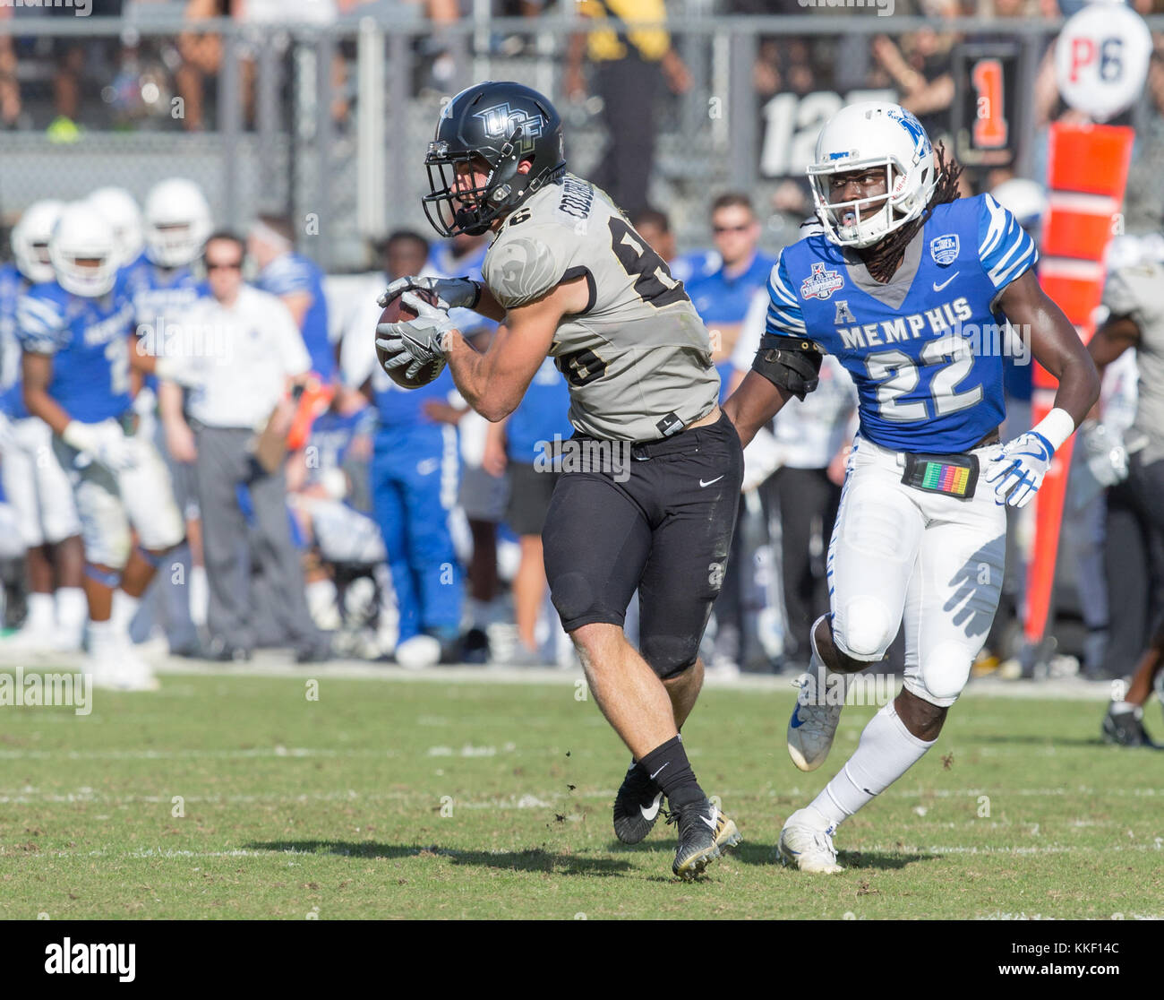 Orlando, FL, USA. 2nd Dec, 2017. UCF TE Michael Colubiale #86 hauls in a pass during during the AAC Championship football game between the UCF Knights and the Memphis Tigers at the Spectrum Stadium in Orlando, FL. Kyle Okita/CSM/Alamy Live News Stock Photo