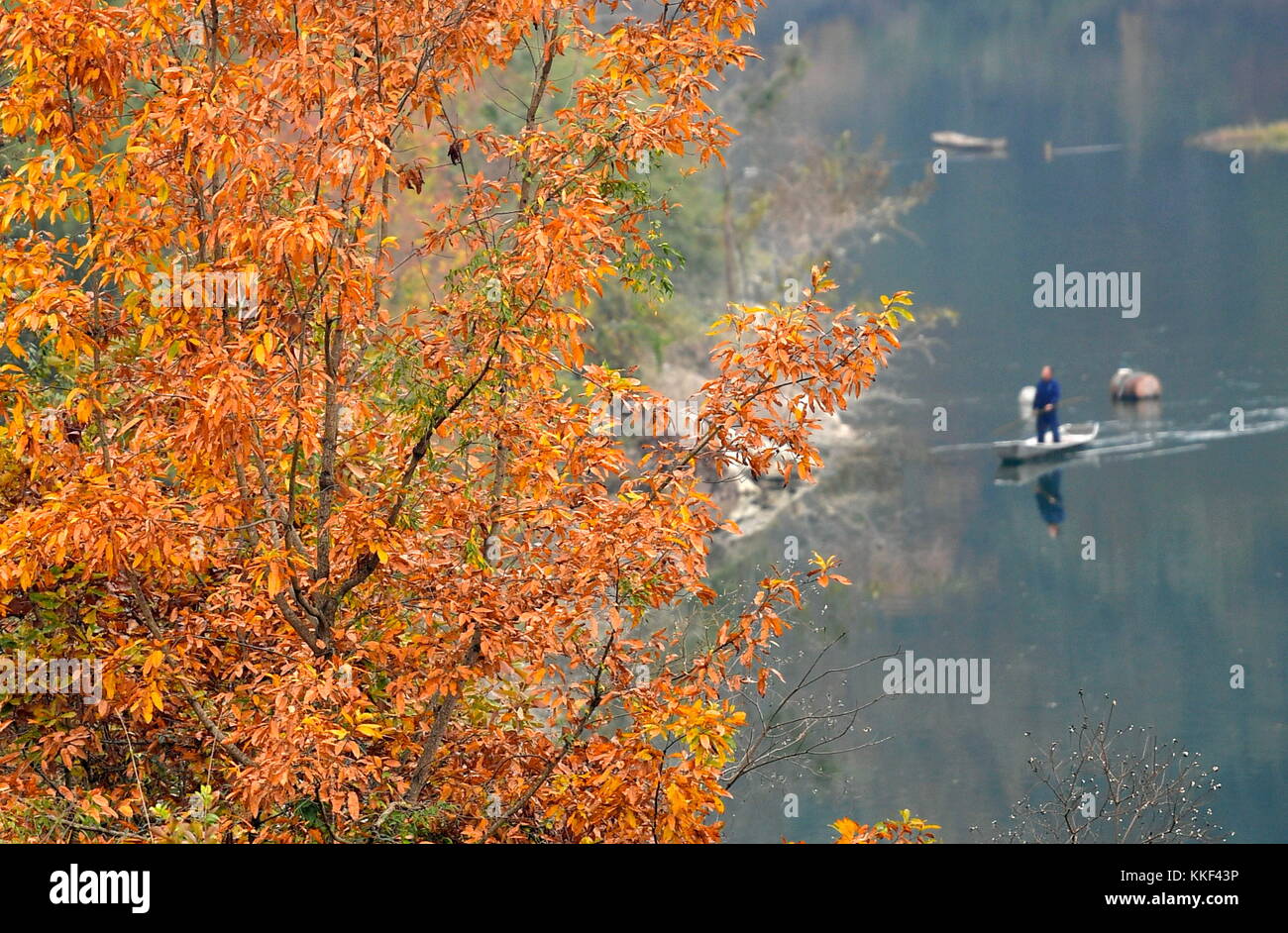 Xuan'en, China's Hubei Province. 3rd Dec, 2017. A fisherman catches fish on the Shuanglong Lake in Xuan'en County, central China's Hubei Province, Dec. 3, 2017. Credit: Song Wen/Xinhua/Alamy Live News Stock Photo