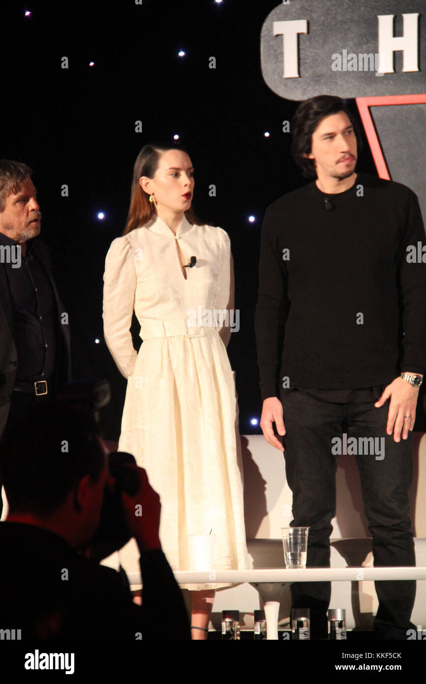 Los Angeles, USA. 3rd Dec, 2017. Mark Hamill, Daisy Ridley, Adam Driver ...