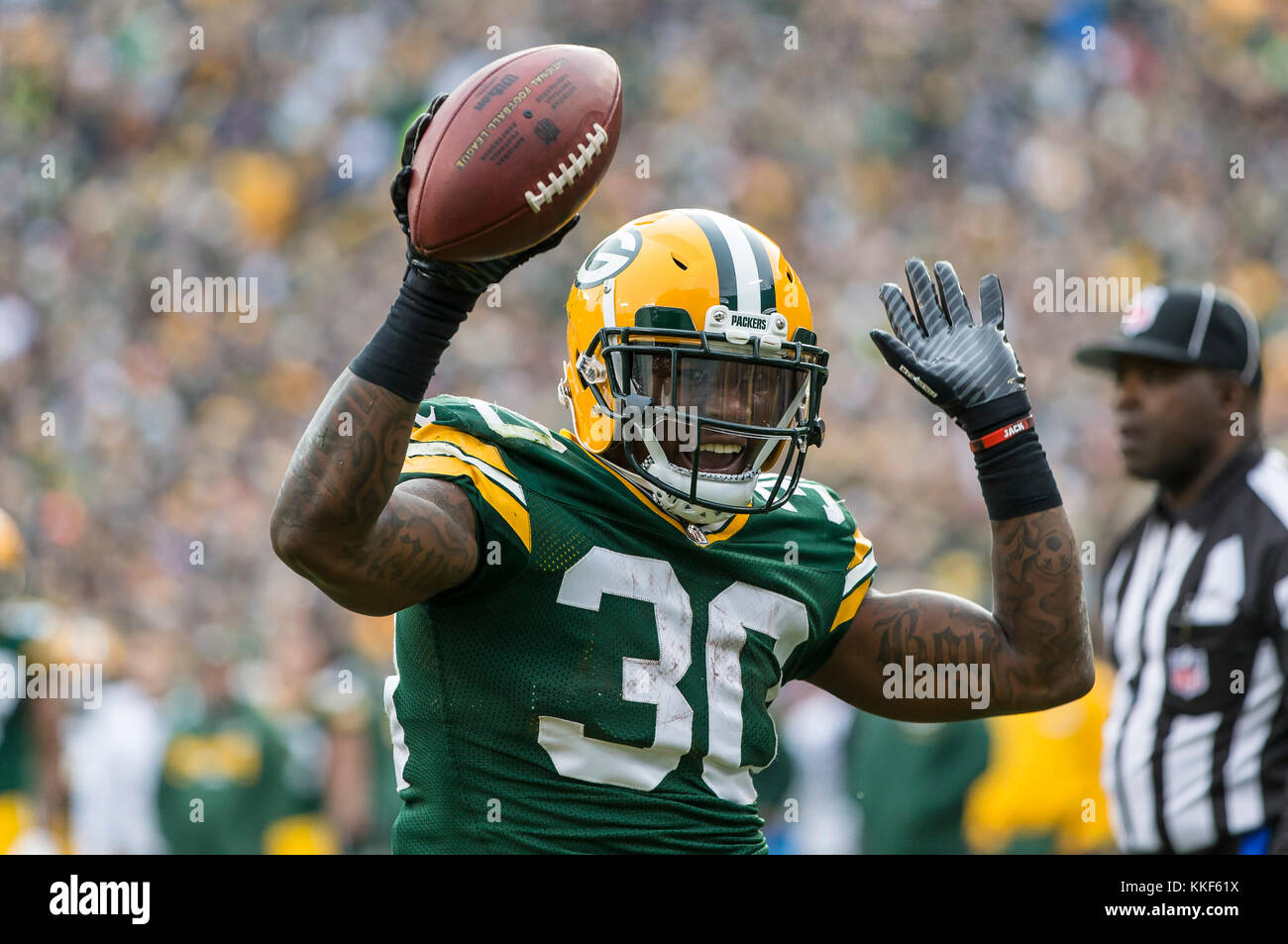 December 3, 2017: Green Bay Packers running back Jamaal Williams #30  celebrates after scoring a touchdown during the NFL Football game between  the Tampa Bay Buccaneers and the Green Bay Packers at