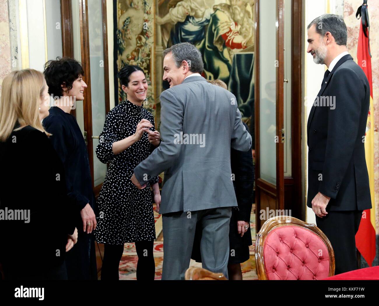 King of Spain, Felipe VI and Former President Jose Luis Rodriguez Zapatero  shows his condolences to Manuel Marin's widow Carmen Ortiz and daughters  during the funeral chapel of Former Deputy Congress President