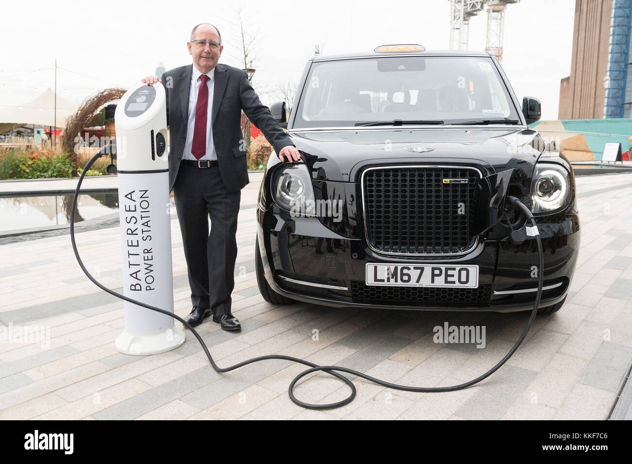 London, TX eCity taxi connected to a sample electric vehicle charger at