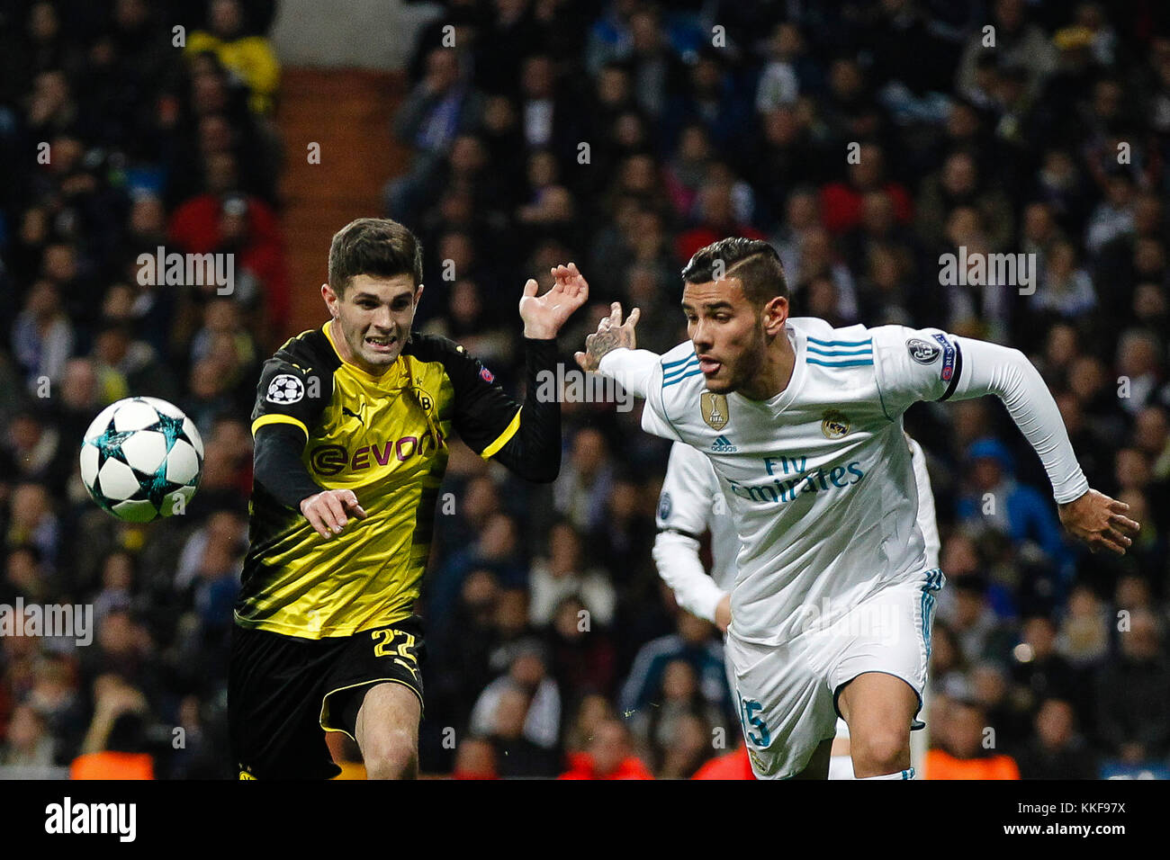 Madrid, Spain. 06th Dec, 2017. Madris, Spain. 06th Dec, 2017. Christian Pulisic (22) Borussia Dortmund 09's player. Theo Hernandez (15) Real Madrid's player. UCL Champions League between Real Madrid vs Borussia Dortmund 09 at the Santiago Bernabeu stadium in Madrid, Spain, December 6, 2017 . Credit: Gtres Información más Comuniación on line, S.L./Alamy Live News Credit: Gtres Información más Comuniación on line,S.L. Stock Photo