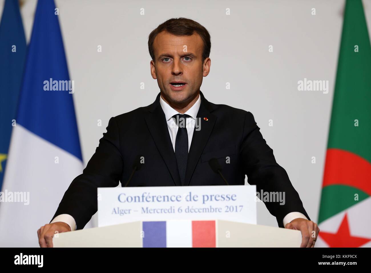 Algiers. 6th Dec, 2017. Visiting French President Emmanuel Macron addresses a news conference in Algiers, Algeria, on Dec. 6, 2017. Visiting French President Emmanuel Macron said Wednesday that France does not support U.S. President Donald Trump's 'unilateral' decision to recognize Jerusalem as the capital of Israel. 'The decision is unilateral and regrettable, and France does not support it,' Macron told a news conference in Algiers after his one-day visit to the North African nation. Credit: Xinhua/Alamy Live News Stock Photo