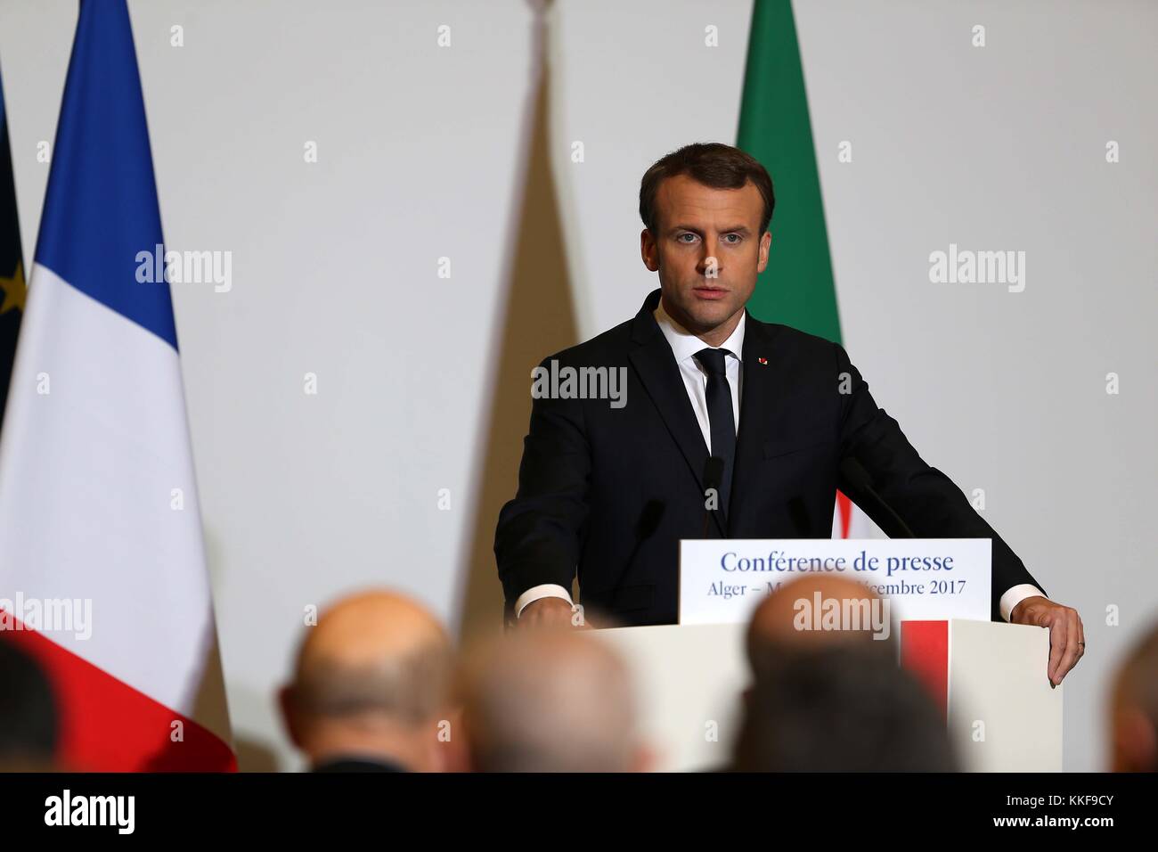Algiers. 6th Dec, 2017. Visiting French President Emmanuel Macron attends a news conference in Algiers, Algeria, on Dec. 6, 2017. Visiting French President Emmanuel Macron said Wednesday that France does not support U.S. President Donald Trump's 'unilateral' decision to recognize Jerusalem as the capital of Israel. 'The decision is unilateral and regrettable, and France does not support it,' Macron told a news conference in Algiers after his one-day visit to the North African nation. Credit: Xinhua/Alamy Live News Stock Photo