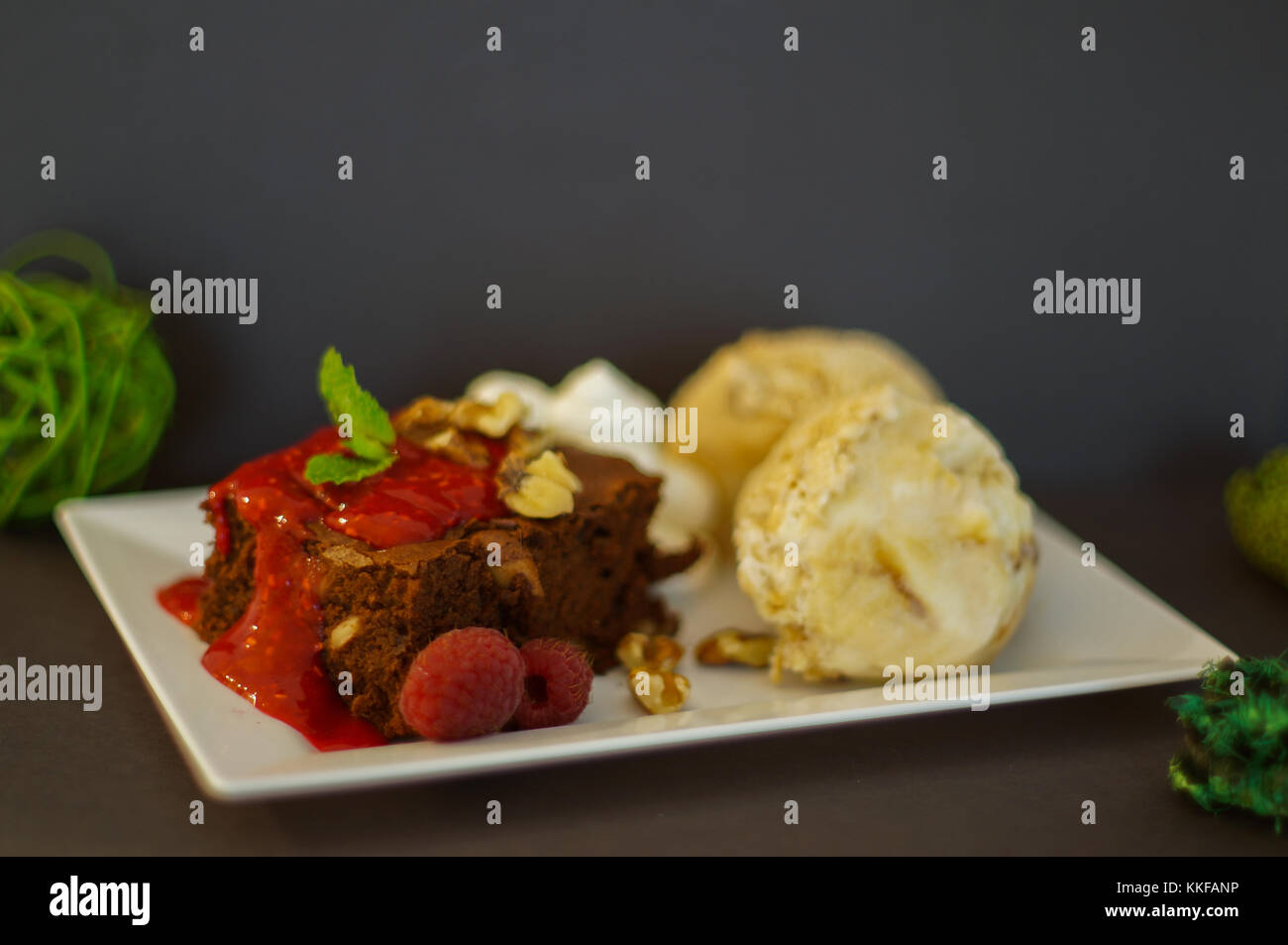 Brownies With Icecream And Raspberries Stock Photo