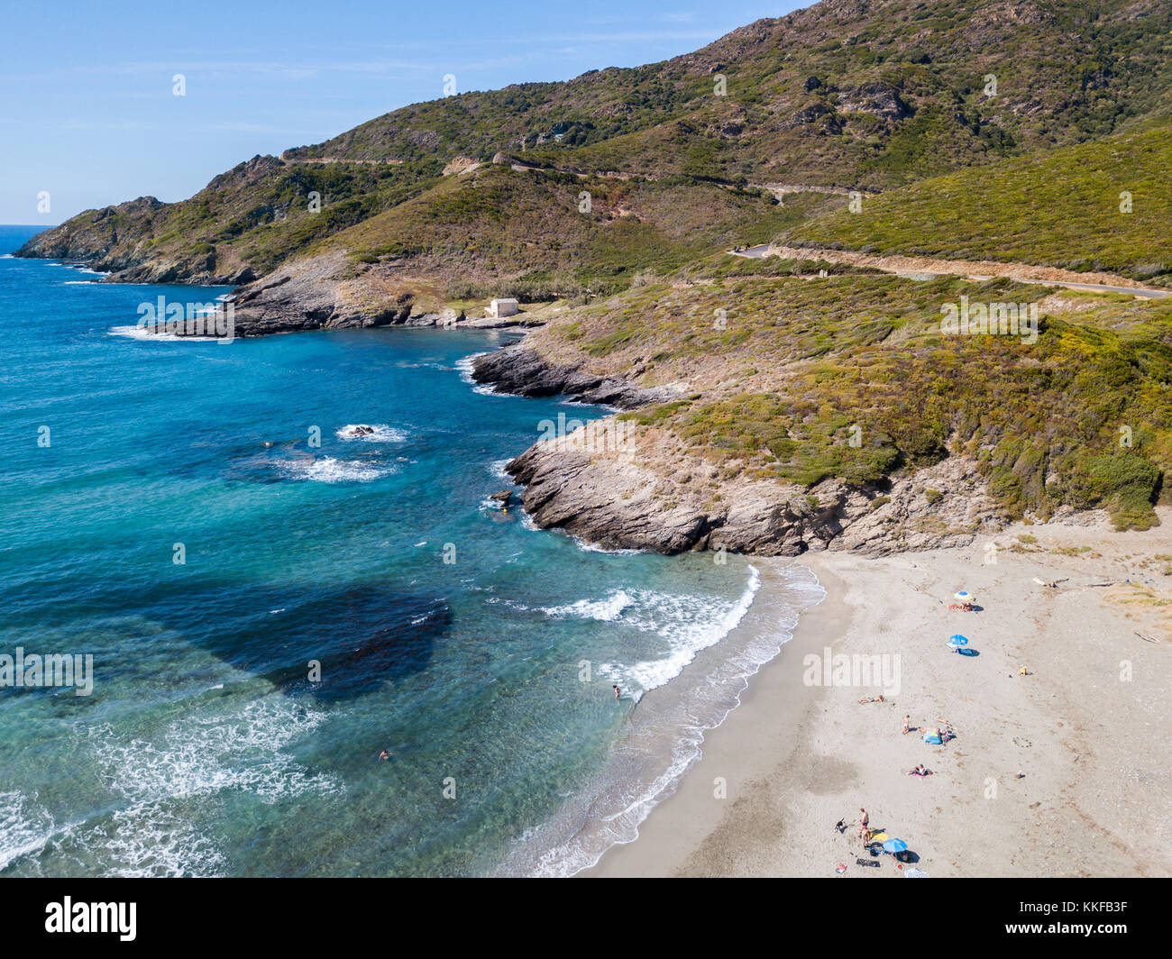 Aerial view beach and sea of the Gulf of Aliso, Cap Corse, Corsica, France Stock Photo