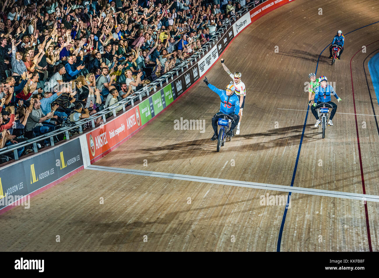 Sir Bradley Wiggins (former Sky rider) at the Lee Valley Velodrome,  London celebrating his win in the Derny race at the Six-Day Racing Olympic velodrome. Olympian Wiggins Stock Photo