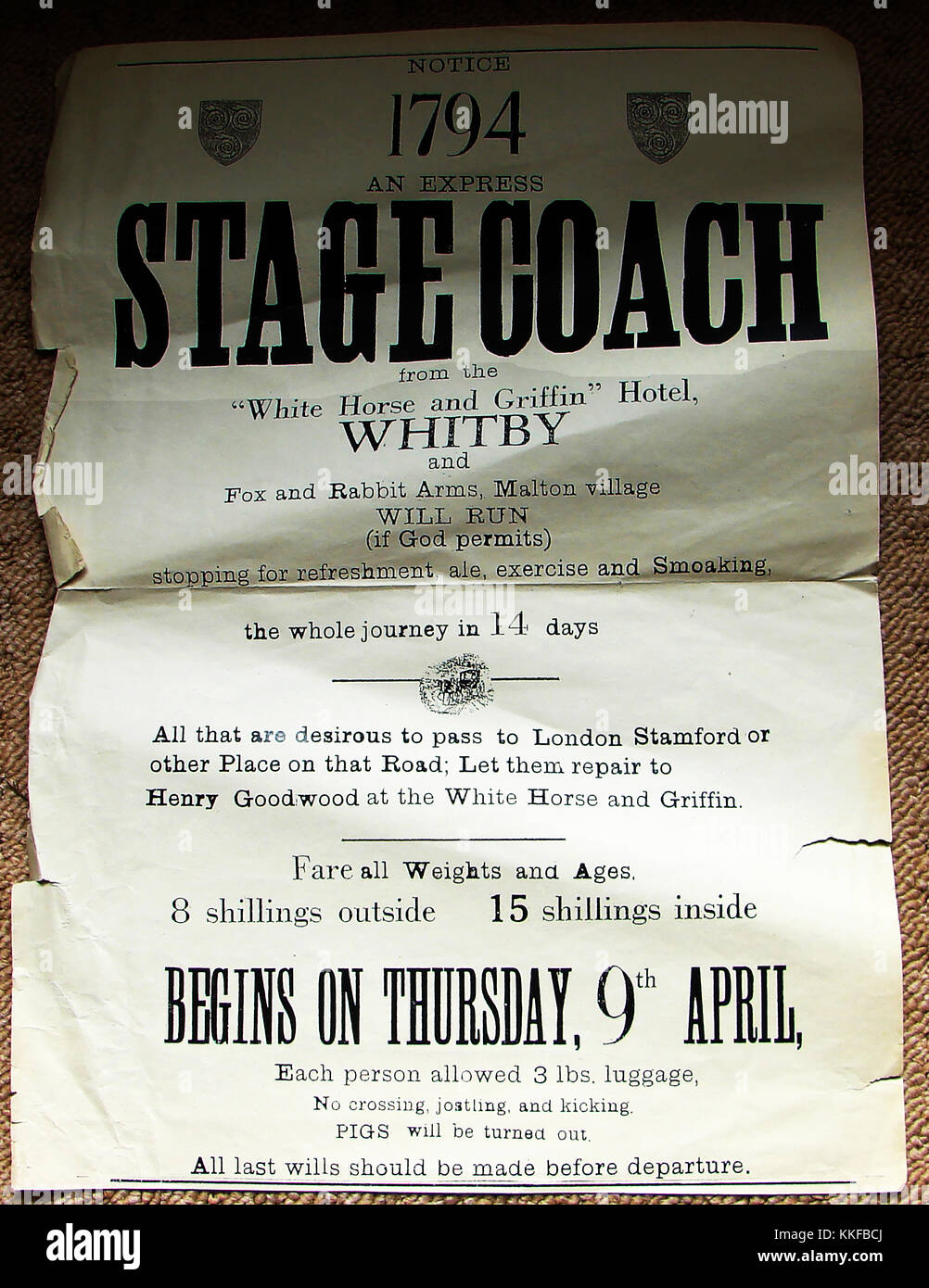 18th century express stage coach poster, Whitby, Yorkshire , England to London via Fox and Rabbit inn, Malton in 1794 - Note the No Smoking rule, the need for making wills and the banning of pigs. -  Possibly a reproduction - Stock Photo