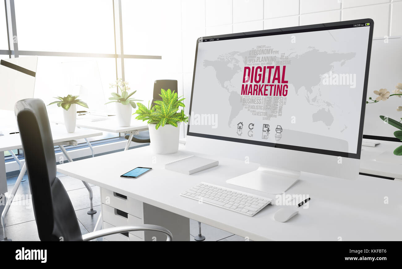computer with digital marketing at modern office 3d rendering Stock Photo