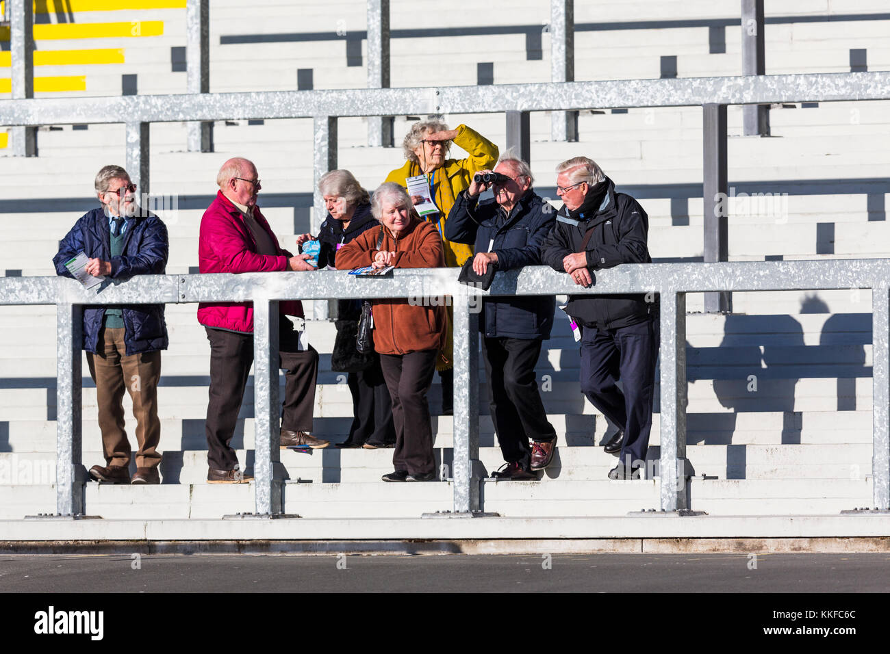 Group of senior retired people enjoy active retirement watching a horse race from the stands at Ffos Las, enjoying day out Stock Photo