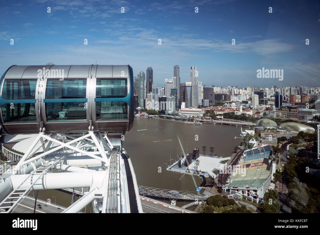 Daytime shot of  the Marina Bay area in Singapore, taken from the Singapore Flyer Wheel showing the skyline of Singapore and a pod on the flyer Stock Photo