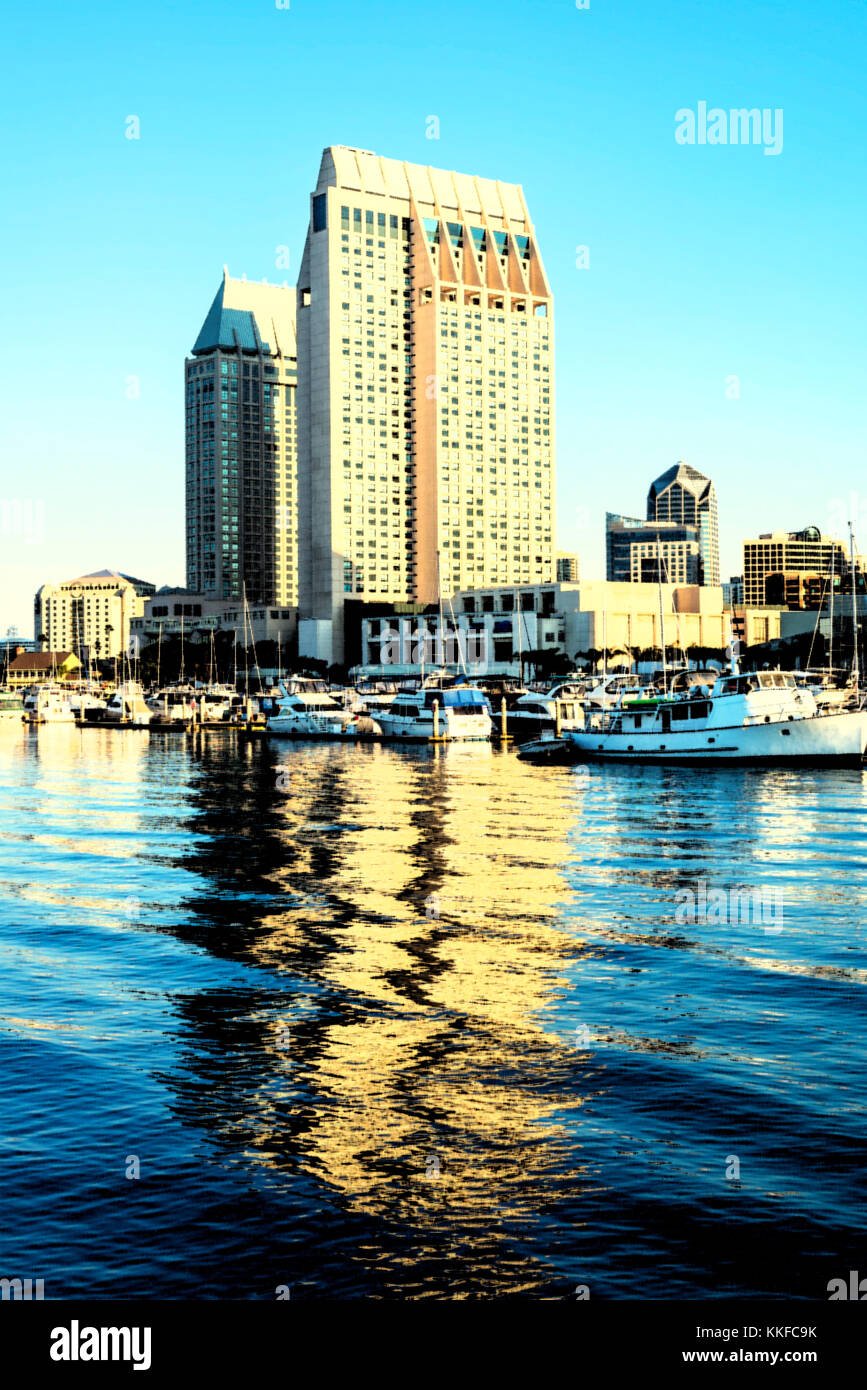Embarcadero Marina in downtown San Diego, California. Photograph created with a vintage effect. Stock Photo