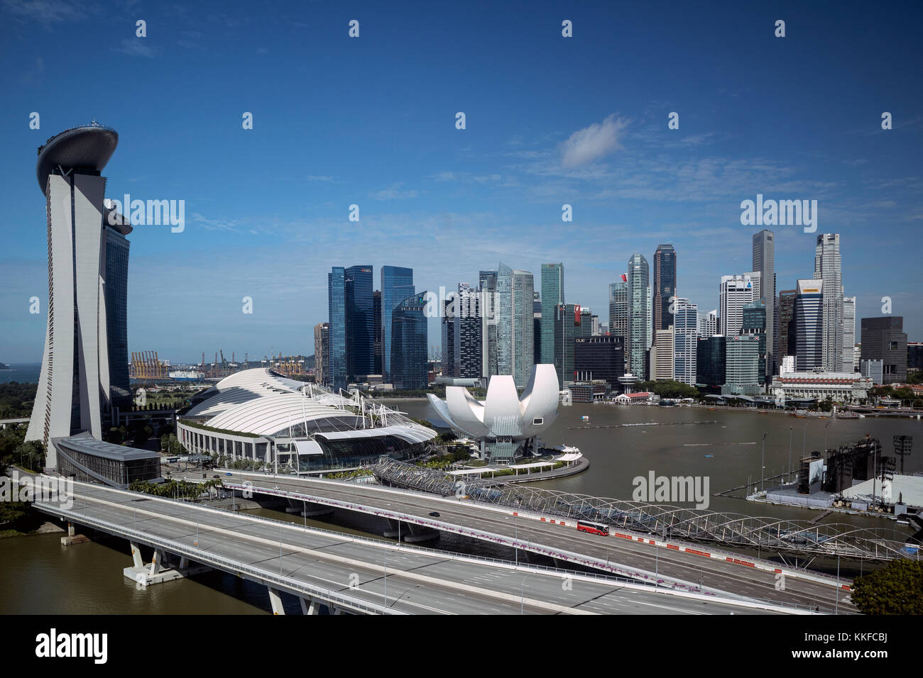 Daytime shot of  the Marina Bay area in Singapore, taken from the Singapore Flyer Wheel showing the skyline of Singapore Stock Photo