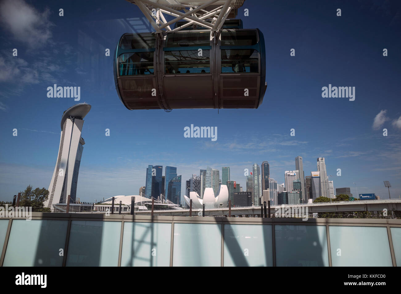 Daytime shot of  the Marina Bay area in Singapore, taken from the Singapore Flyer Wheel showing the skyline of Singapore and a pod on the flyer Stock Photo