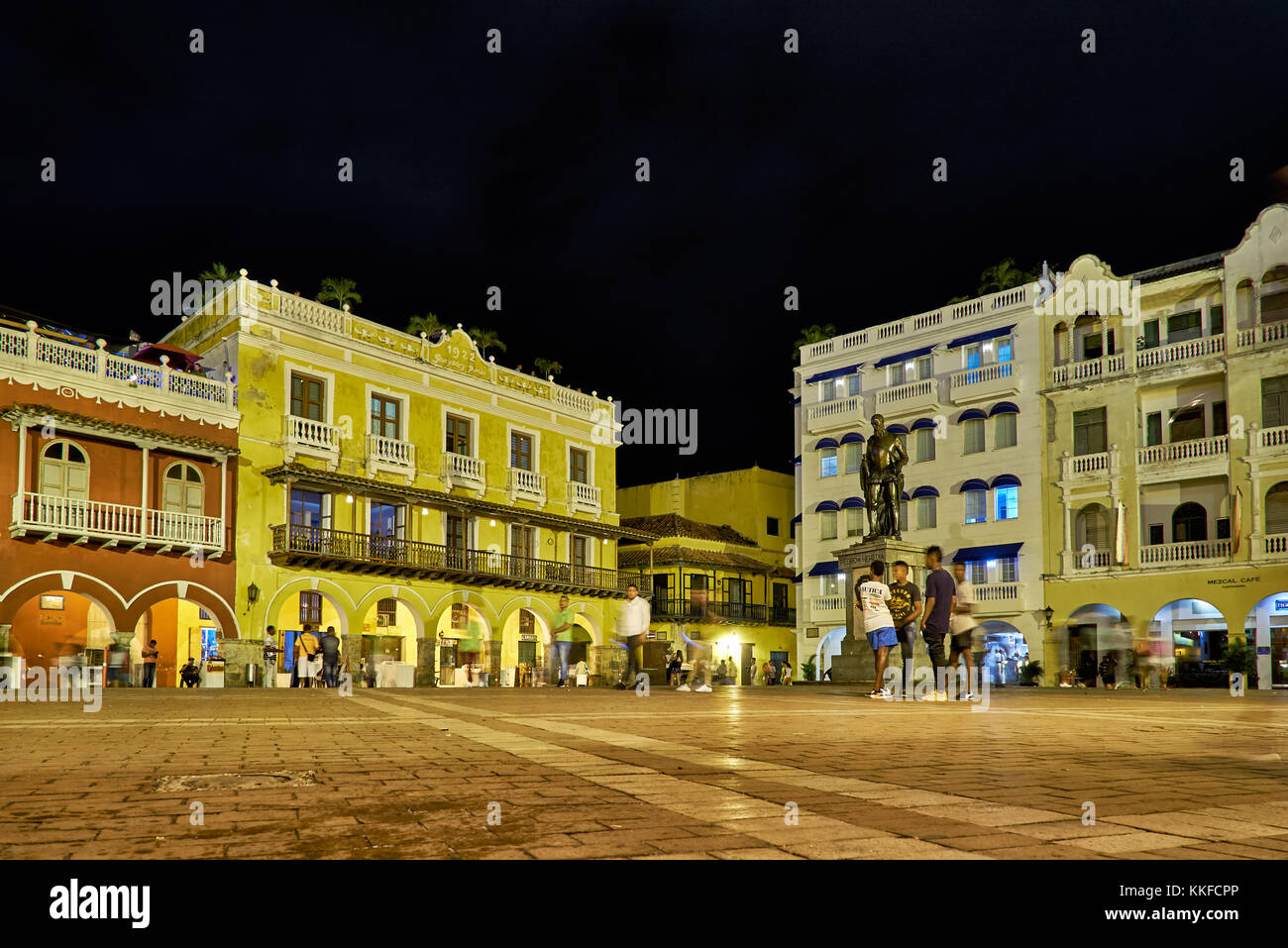 typical colorful facades with balconys of houses at Plaza de Los Coches, Cartagena de Indias, Colombia, South America Stock Photo