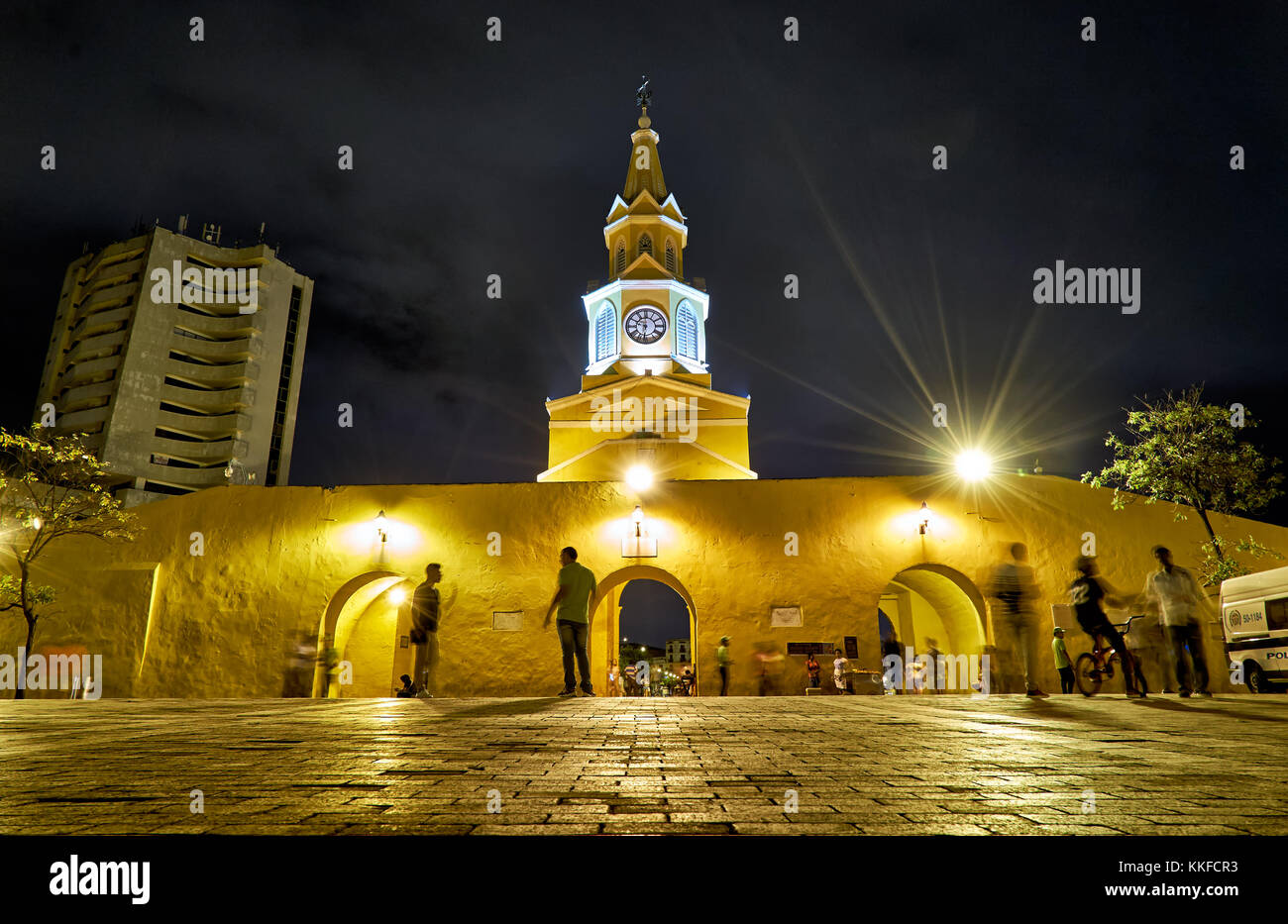 Torre del Reloj and Plaza de Los Coches, Cartagena de Indias, Colombia, South America Stock Photo