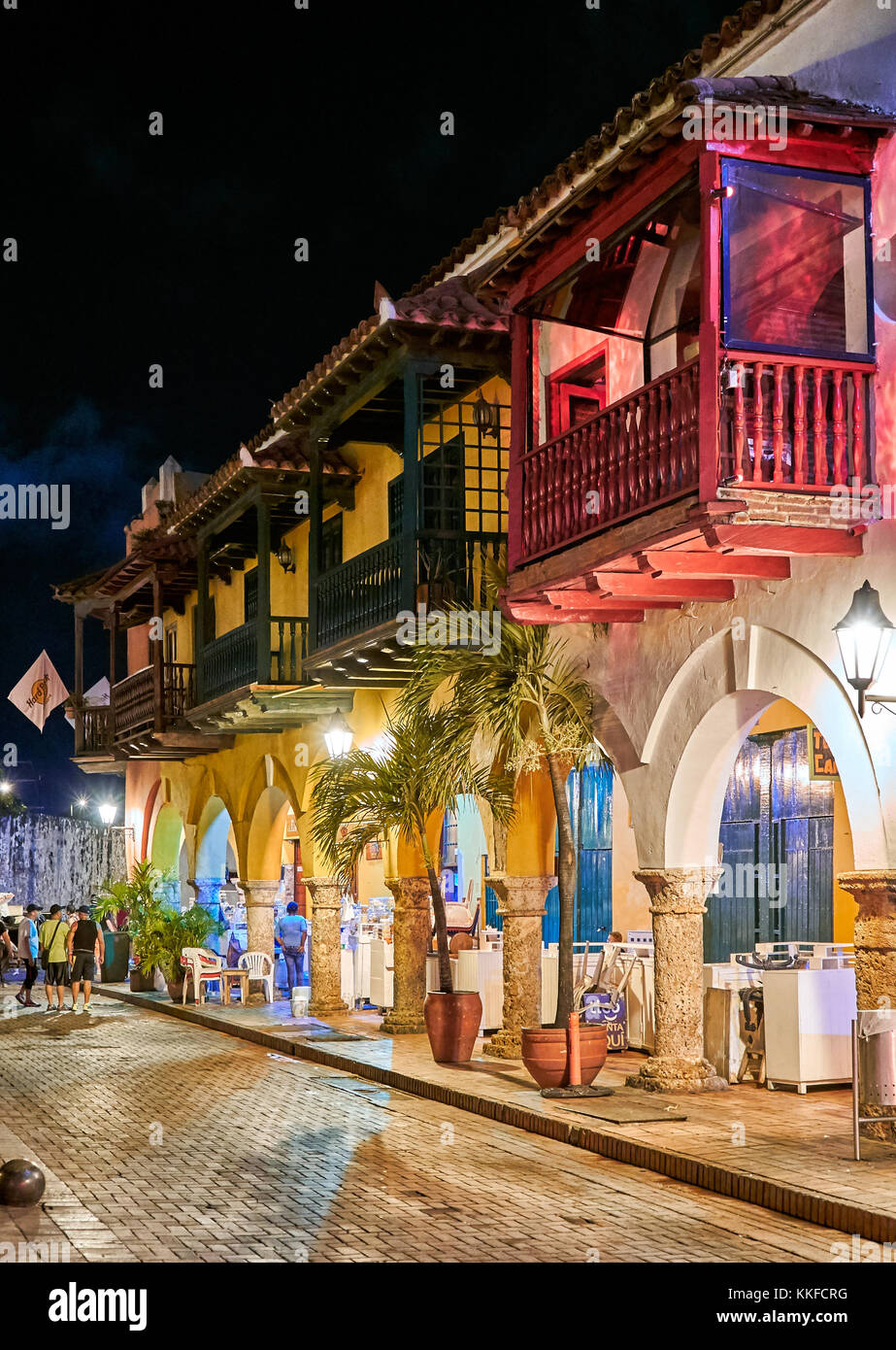 illuminated buildings with balconys at Plaza de Los Coches, Cartagena de Indias, Colombia, South America Stock Photo