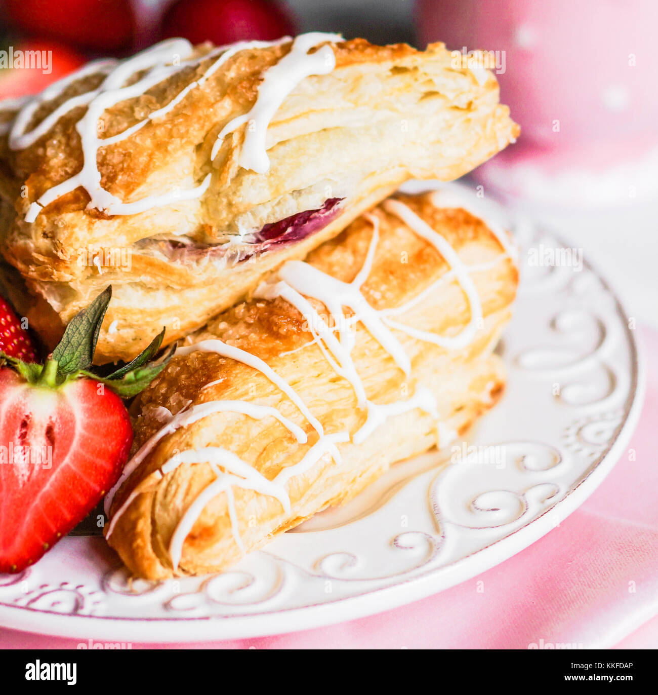 Fresh Croissants With Strawberries On Wooden Background Stock Photo