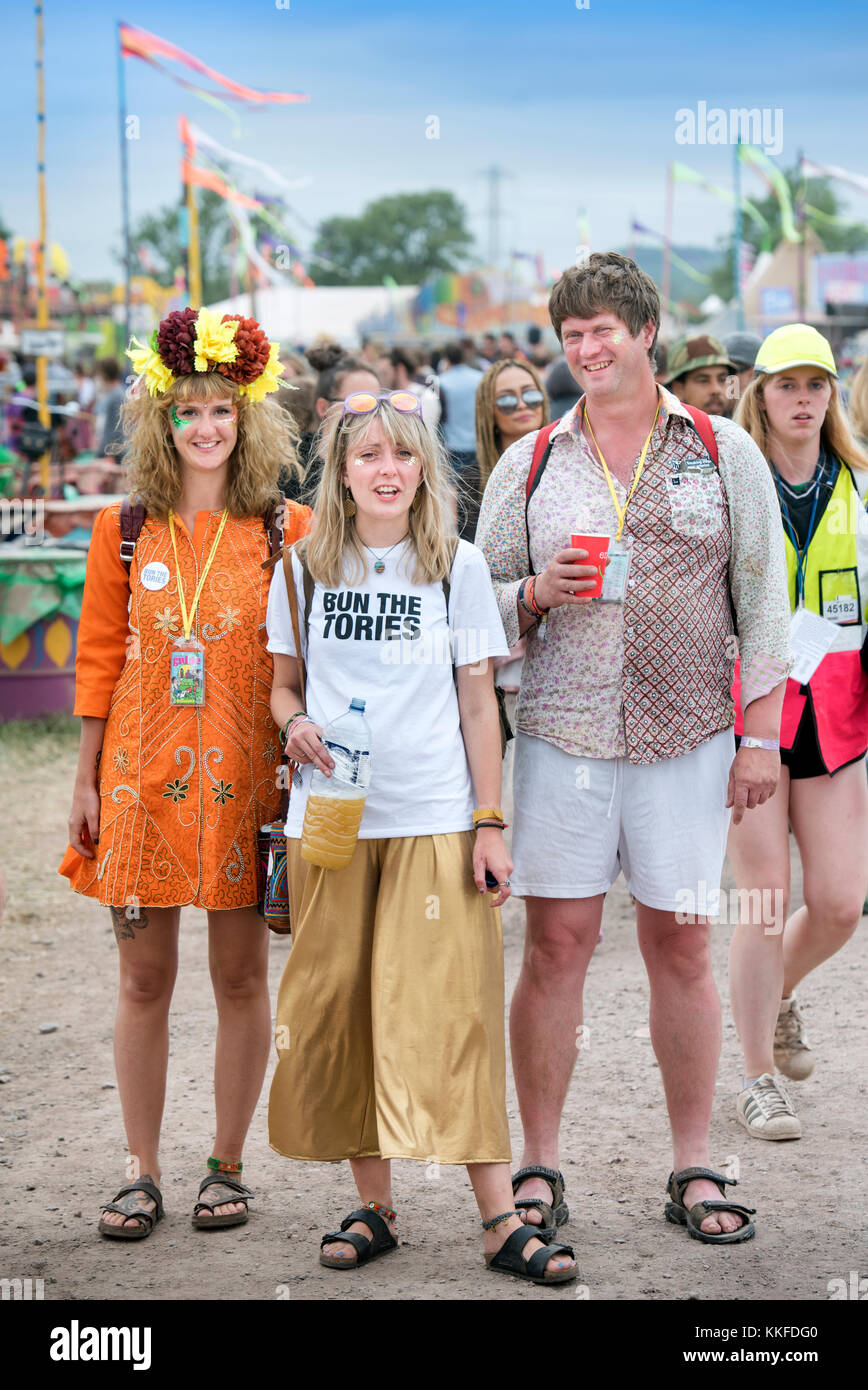 Festival goers with â€˜Bun The Toriesâ€™ badge and t-shirt at Glastonbury 2017 Stock Photo