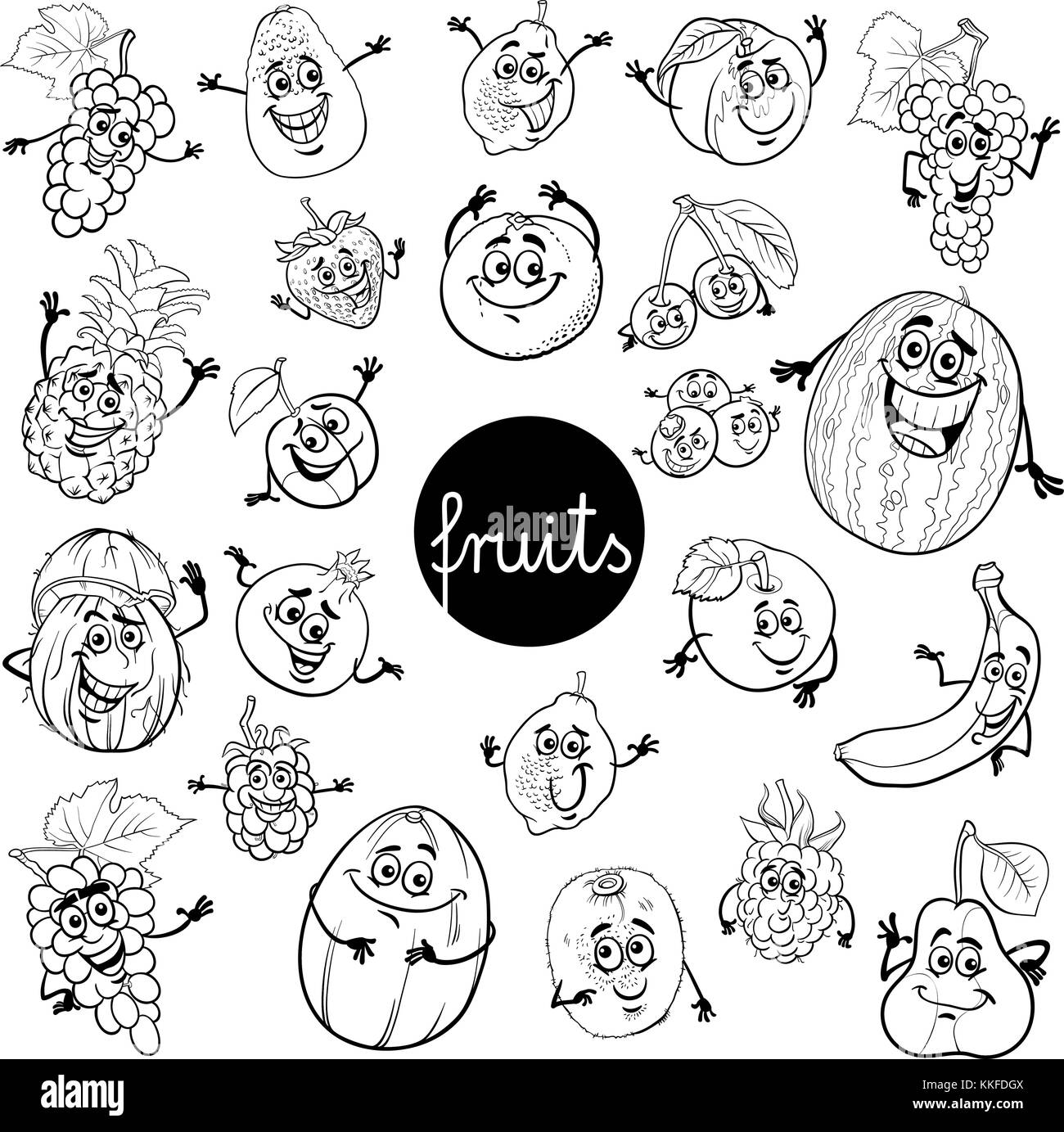 Black and White Cartoon Illustration of Fruits Comic Food Characters Big Set Color Book Stock Vector