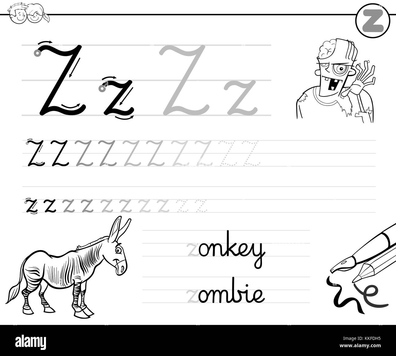 Black and White Cartoon Illustration of Writing Skills Practice with Letter  Z Worksheet for Preschool and Elementary Age Children Coloring Book Stock  Vector Image & Art - Alamy