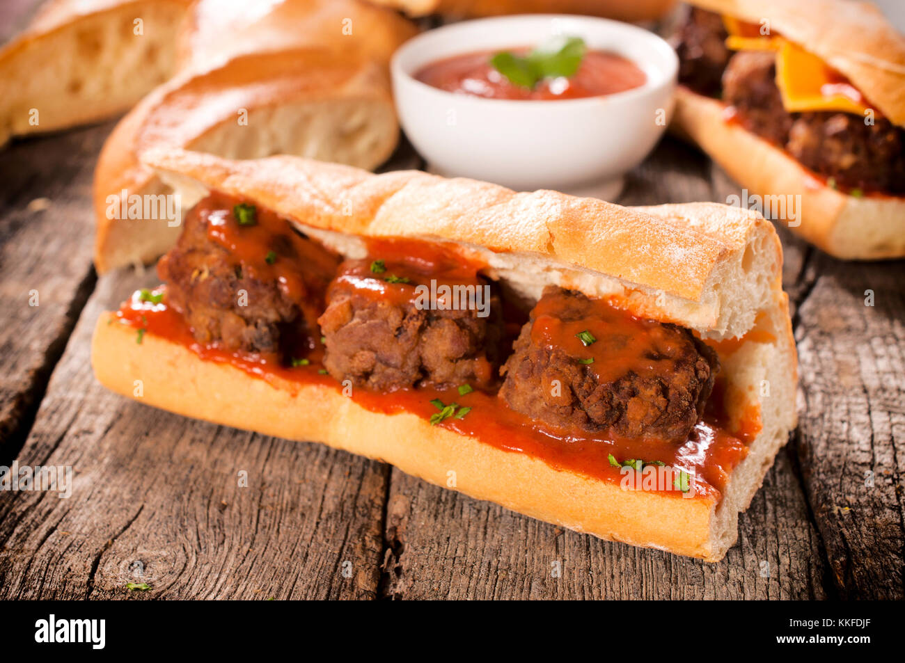 Gourment sandwich with meat balls and tomato sauce Stock Photo
