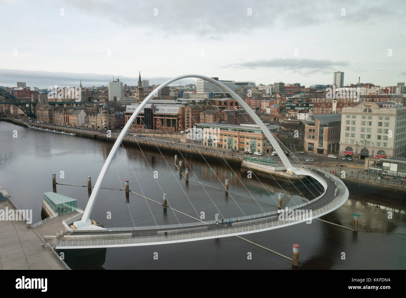 Looking down at the Millennium bridge, that stretches' between the two quaysides of Newcastle Upon Tyne and Gateshead in North East England. Stock Photo