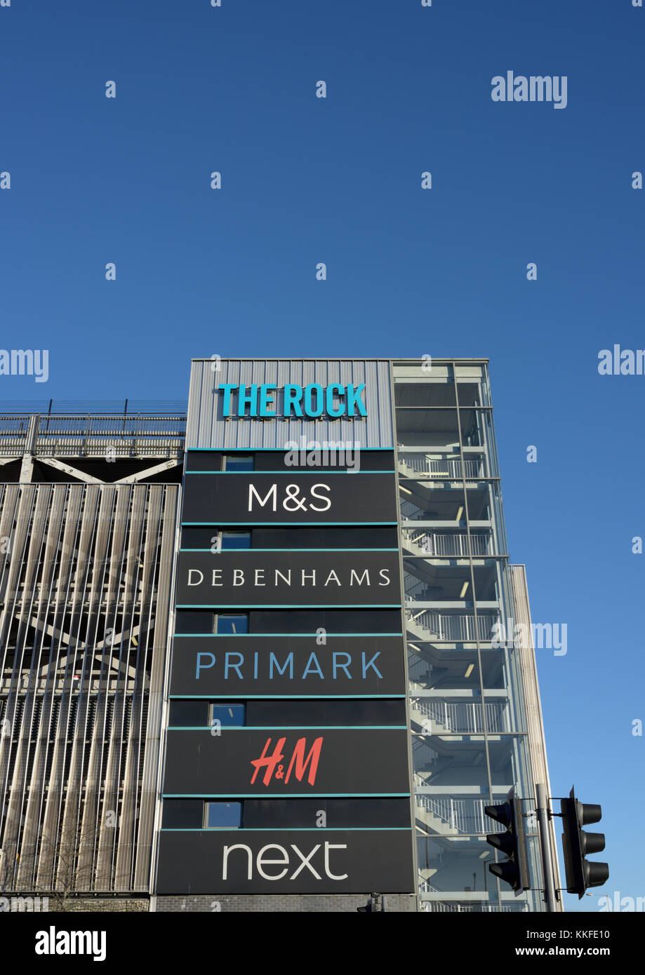 Steel frame Multi storey car park with external signage, low angle