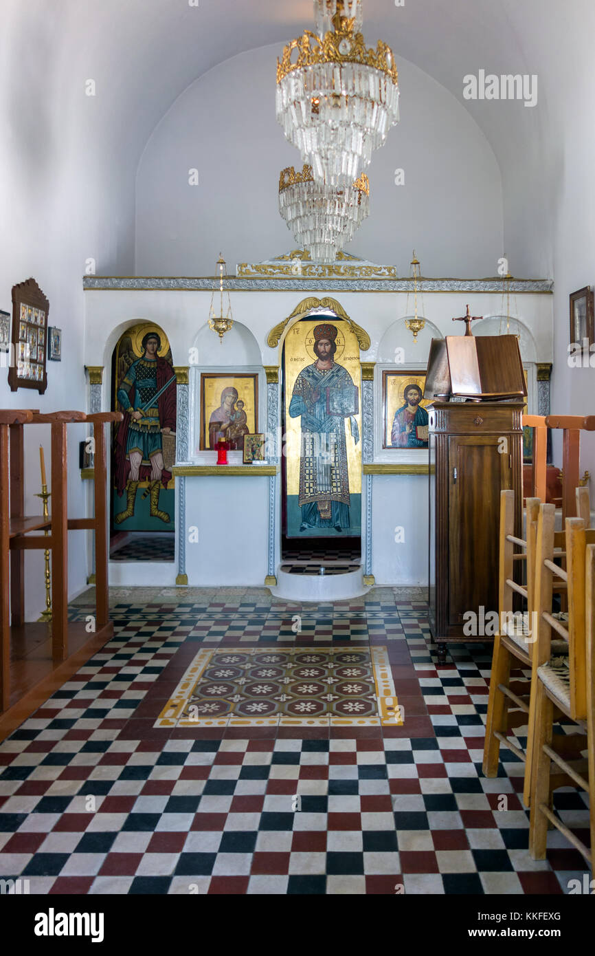 August 23rd 2017 - Lipsi island, Greece - The interior of a small orthodox church in Lipsi island, Dodecanese, Greece Stock Photo