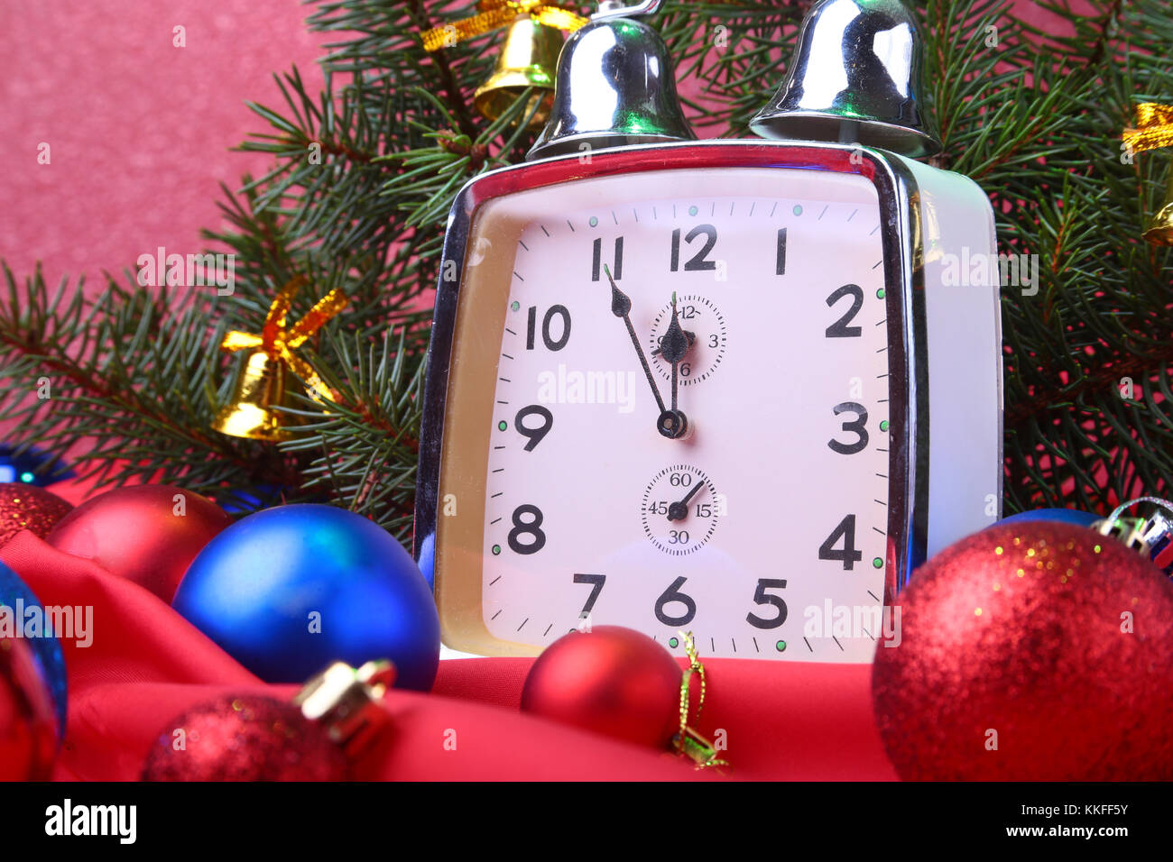 Christmas clock. New Year's Decoration with christmas balls and tree