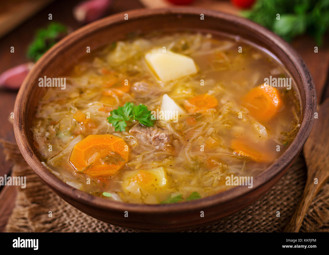 Traditional Russian soup with cabbage sauerkraut soup Stock Photo Alamy