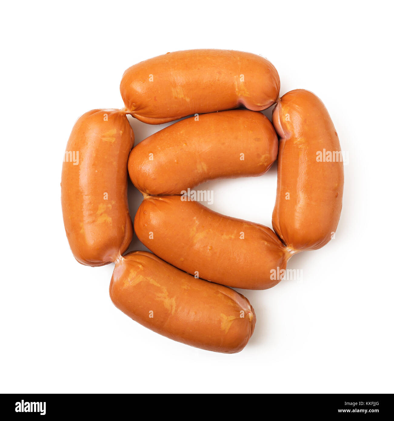Pile of sausages isolated on a white background. Flat lay. Top view Stock Photo