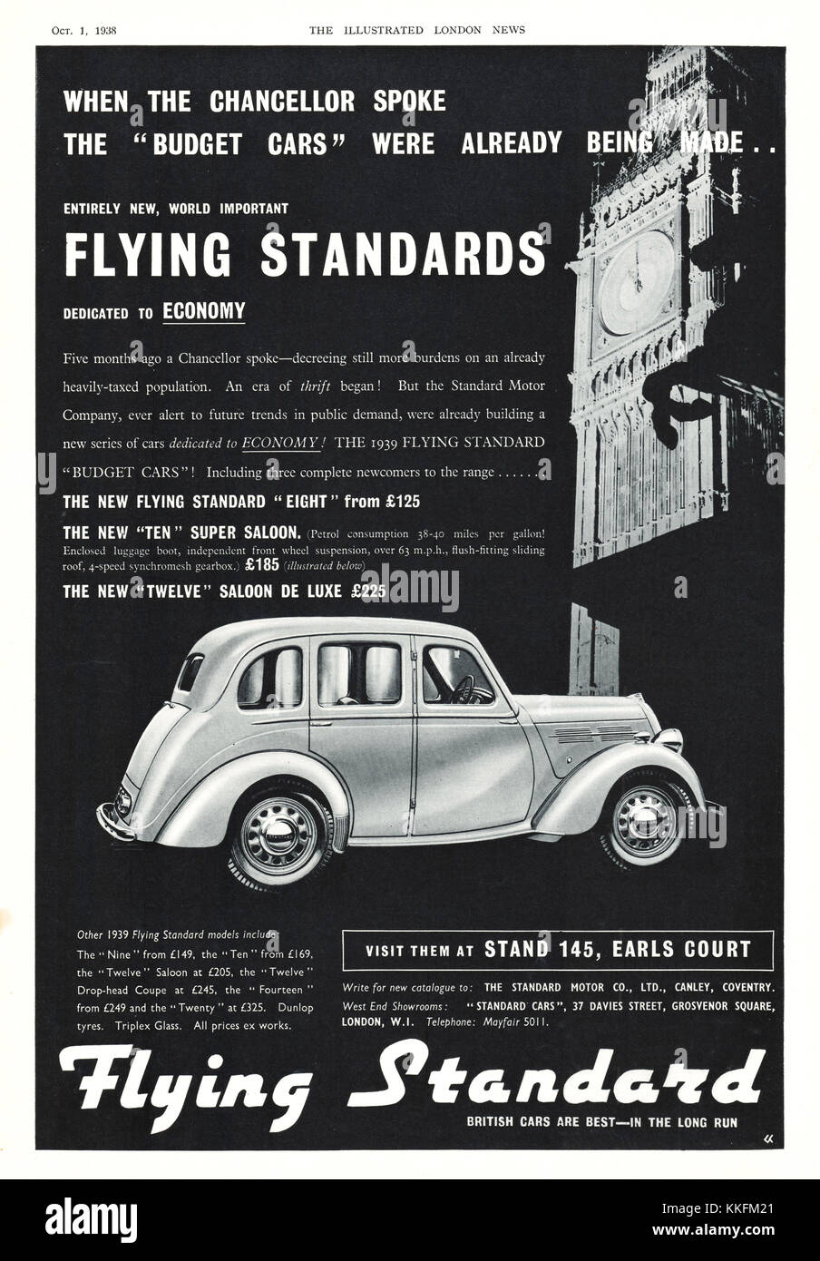 1938 UK Magazine Flying Standard Car Advert Stock Photo
