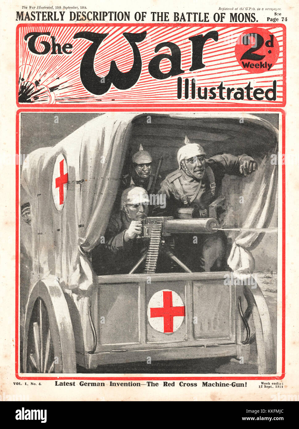 1914 War Illustrated German Red Cross Machine Gun, used for propaganda purposes Stock Photo