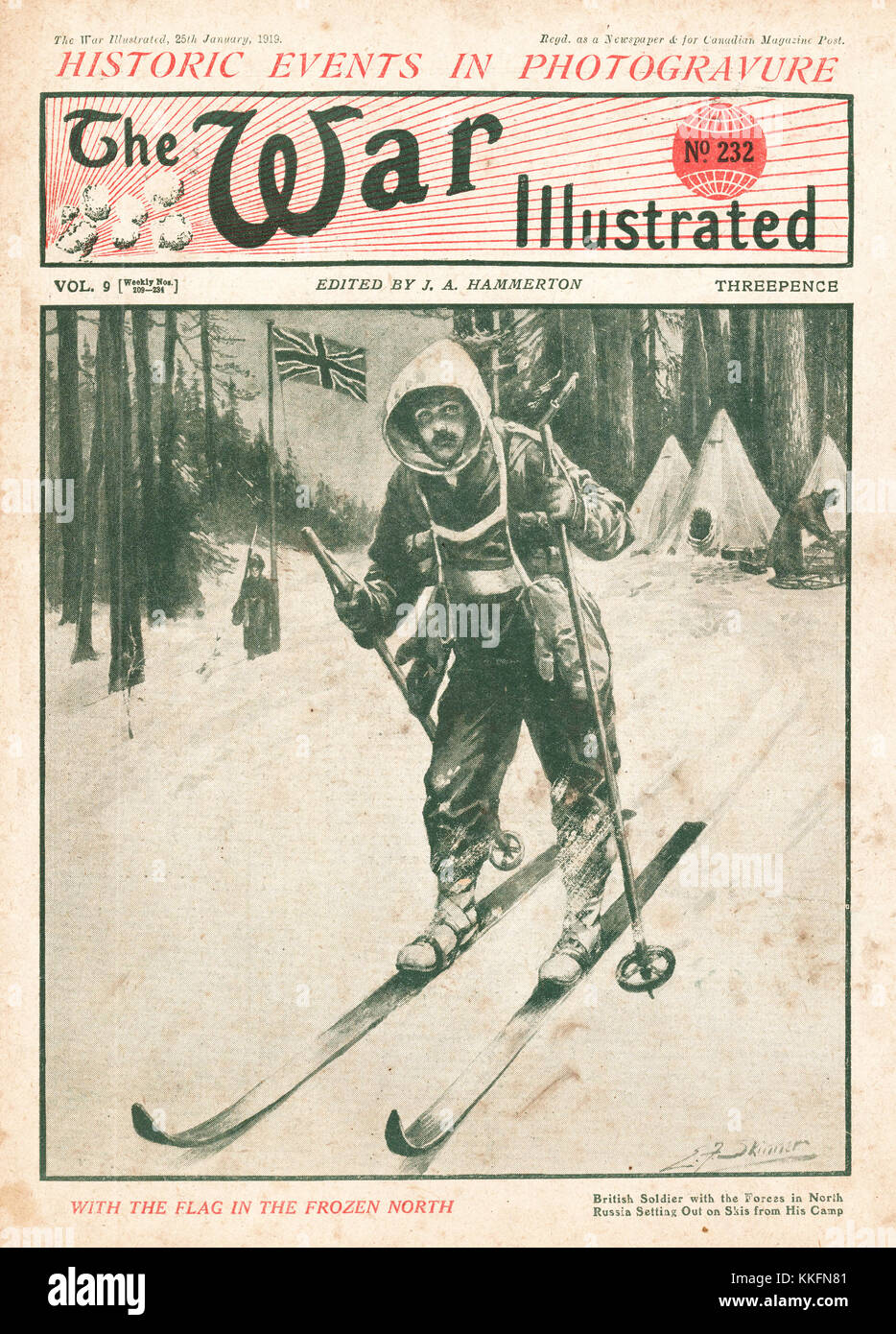 1919 War Illustrated British soldier on skis in Northern Russia Stock Photo