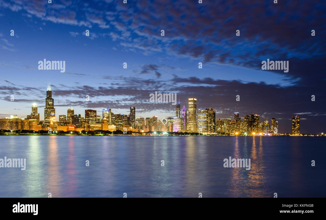 Skyline of Chicago at dusk, USA Stock Photo