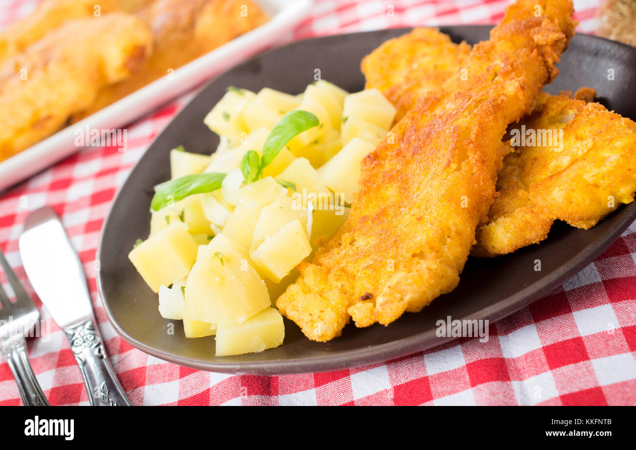 Fried fish and potato salad.Selective focus on the fried fish in the